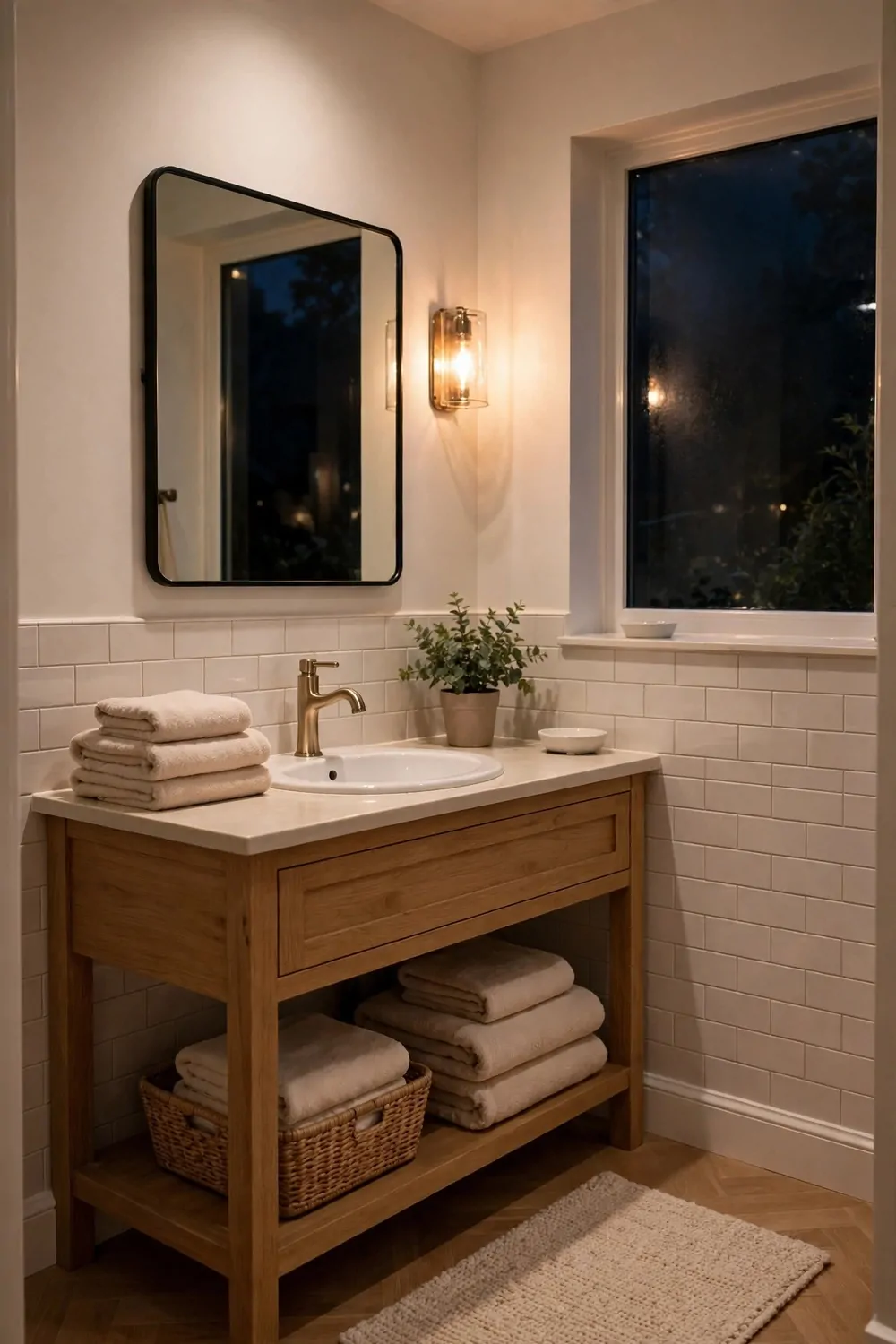 17 Guest Bathroom Ideas That Feel Like a Hotel Stay 17 A bright tidy guest bathroom at night with warm light, folded towels and a small plant, calm and cozy