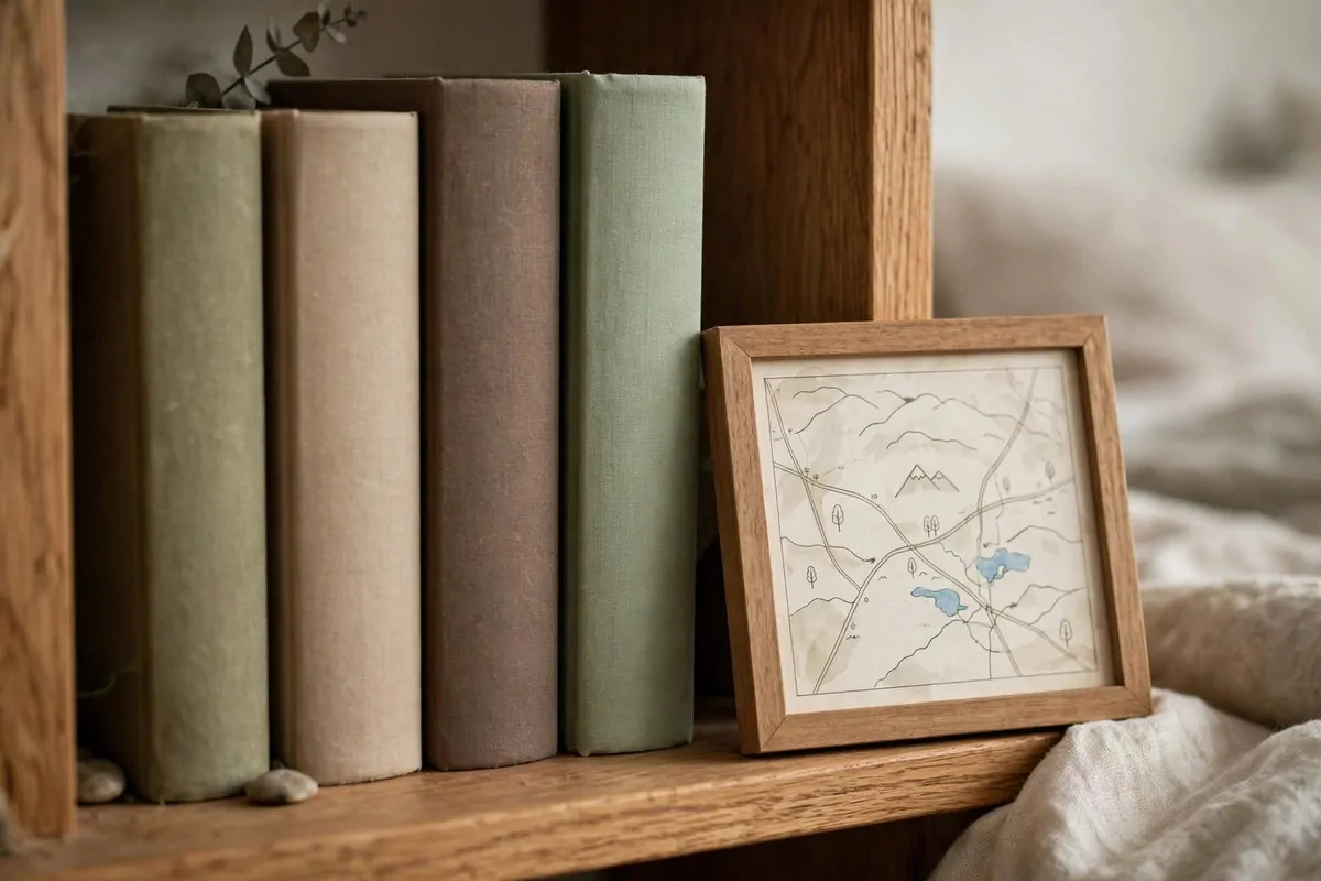 Guest bedroom shelf with local travel guidebooks and town history books