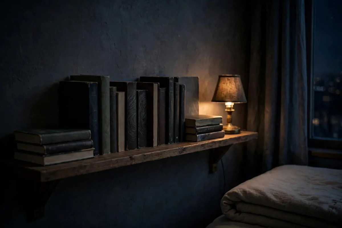 Moody shelf of mystery novels with a small lamp in a guest bedroom