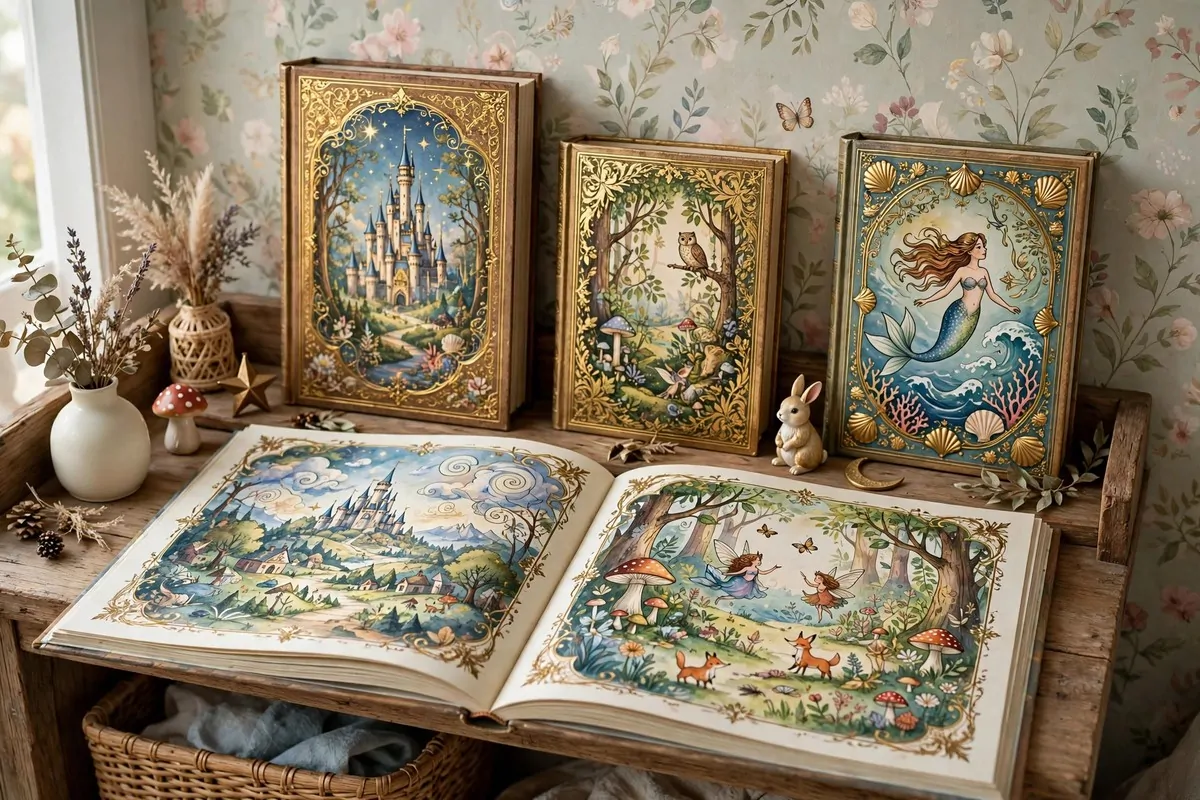 Whimsical shelf with classic fairy tale books in a guest bedroom