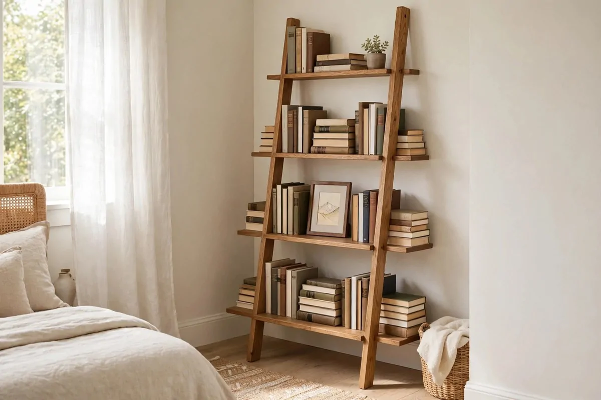 Wooden ladder shelf with books and decor in a guest bedroom