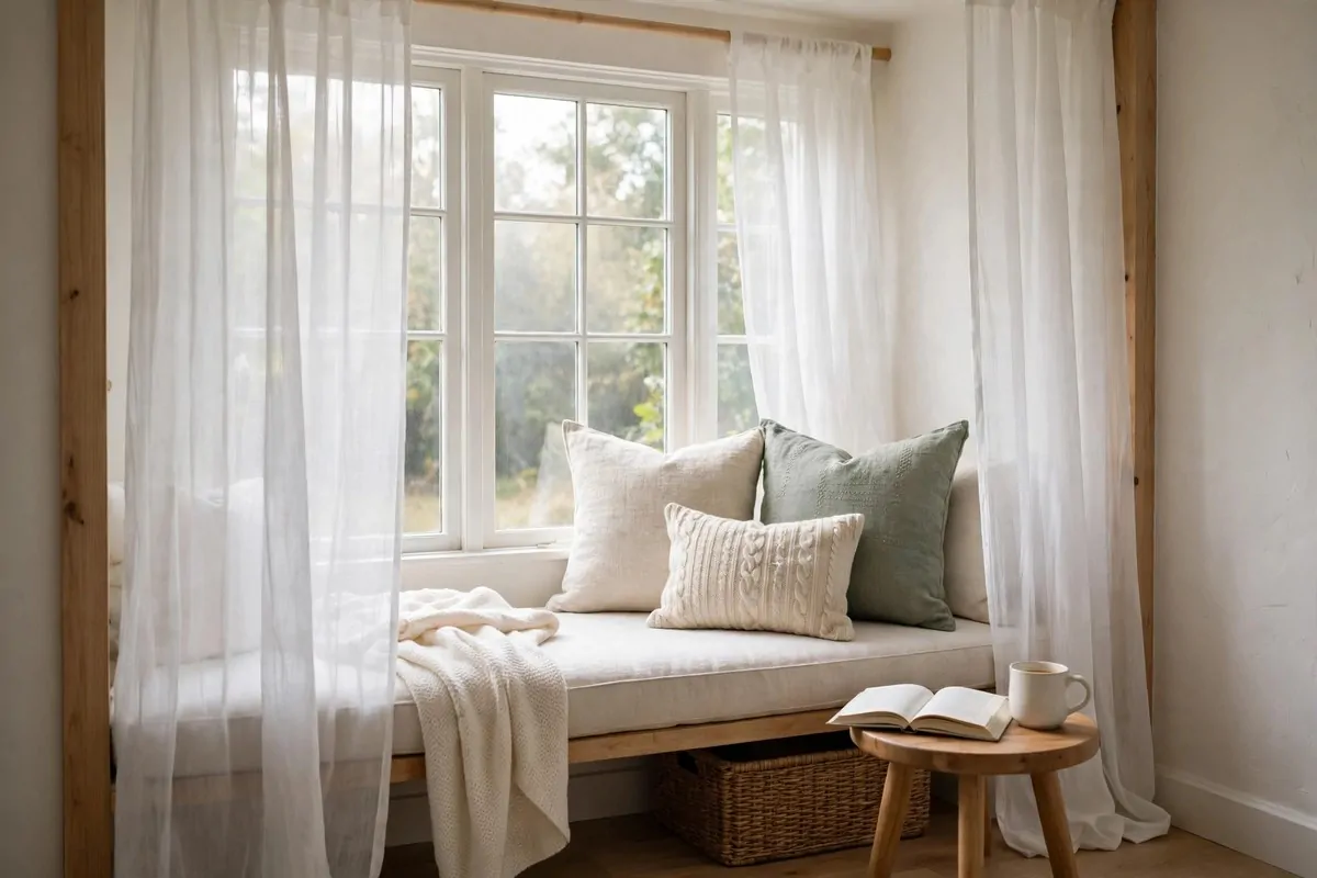 Guest bedroom window nook with sheer curtains, cushion seat and books