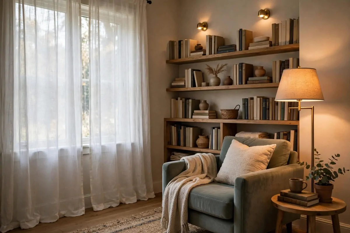 Guest bedroom reading corner with floor lamp, wall sconces and soft daylight