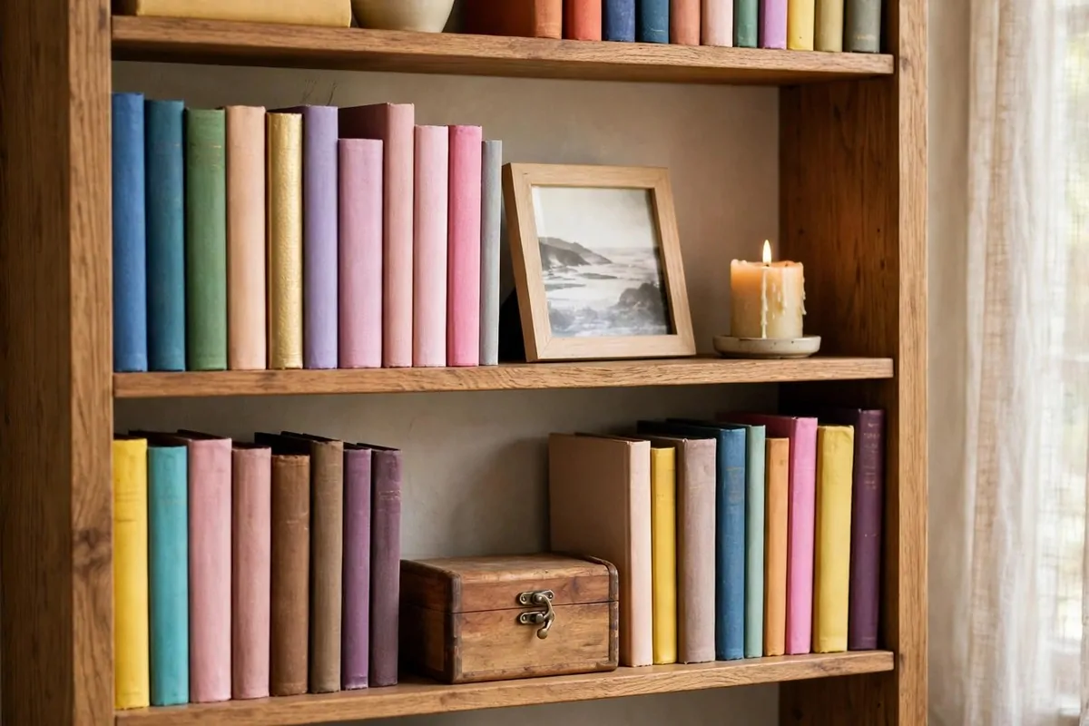Bookshelf styled with vases, framed art and books mixed in a guest bedroom