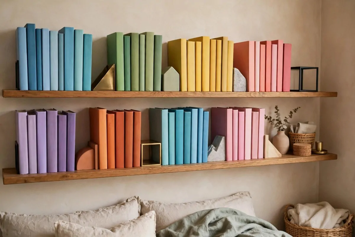 Small guest bedroom shelf organized by genre with colorful book groupings