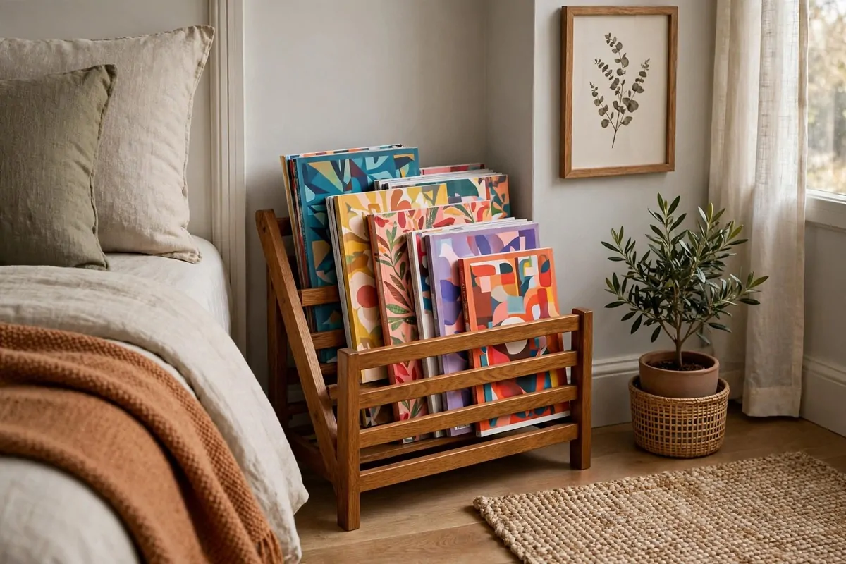 Magazine rack with colorful magazines in a guest bedroom corner