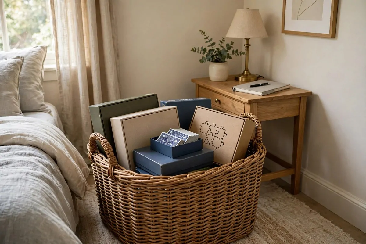 Wicker basket with board games and puzzles in a guest bedroom corner