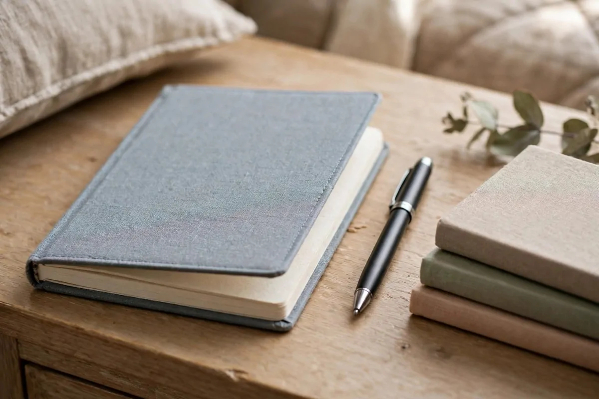 Guest bedroom nightstand with a journal, pen and small stack of books