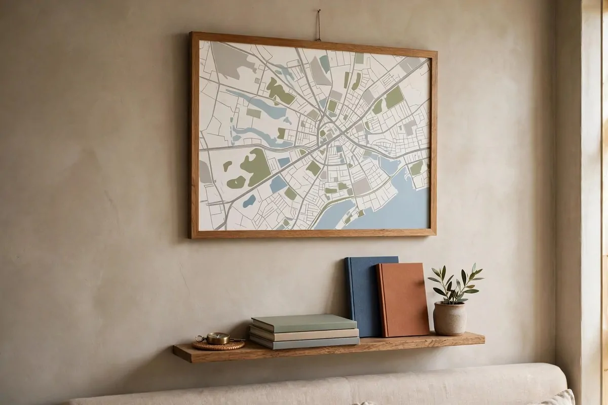 Framed local area map and guide list on a guest bedroom wall
