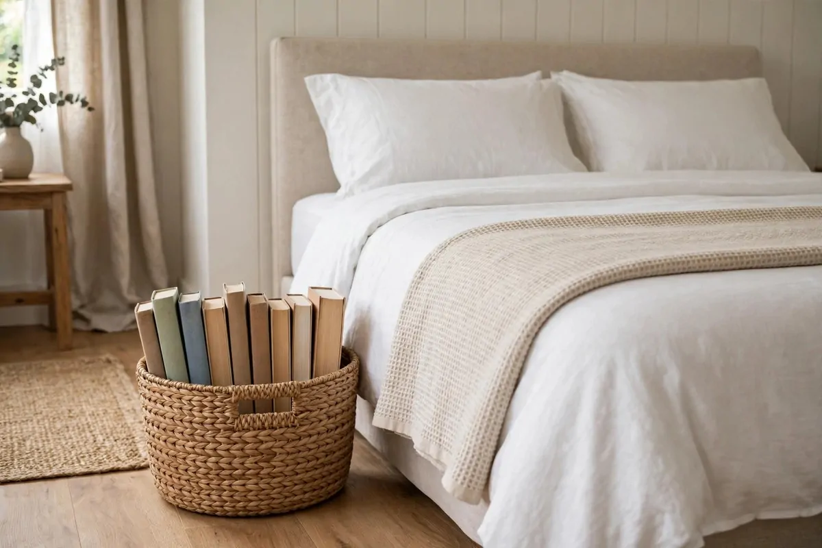 Woven basket of books beside a guest bed
