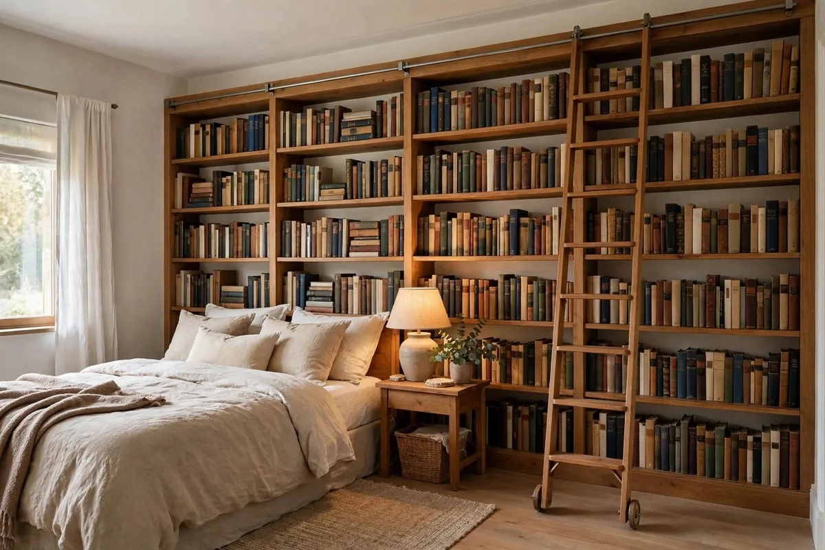 Guest bedroom with floor-to-ceiling bookshelves and a small ladder