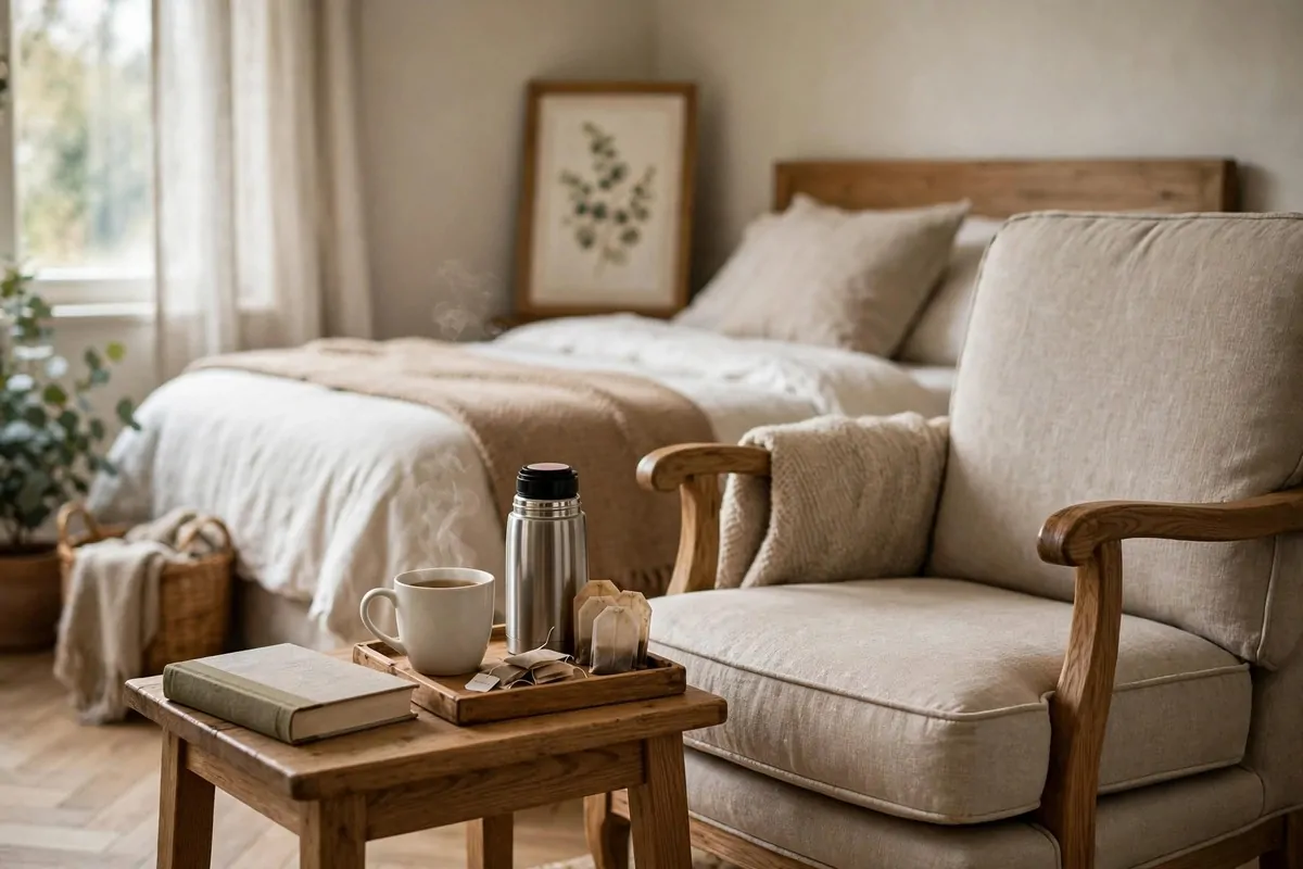 Reading chair in a guest bedroom with a wooden tray holding a coffee cup and book on a side table