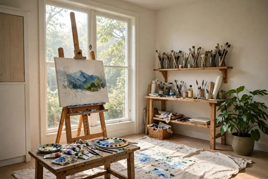 A bright spare bedroom converted into a home art studio with an easel, tall window and paint supplies