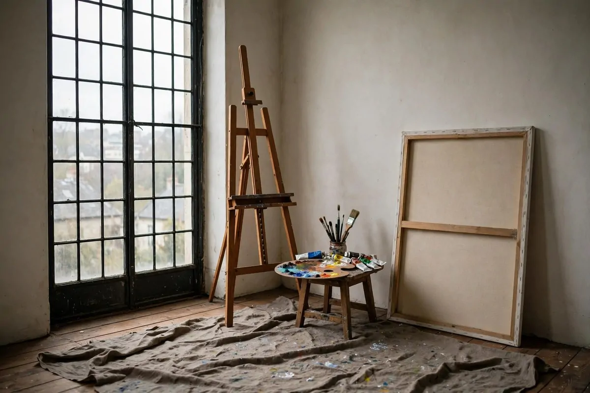 17 House Studio Conversions That Turn Spare Rooms Into Dream Spaces 1 A painter's studio corner with a wooden easel beside a tall window and paint tubes on a side table
