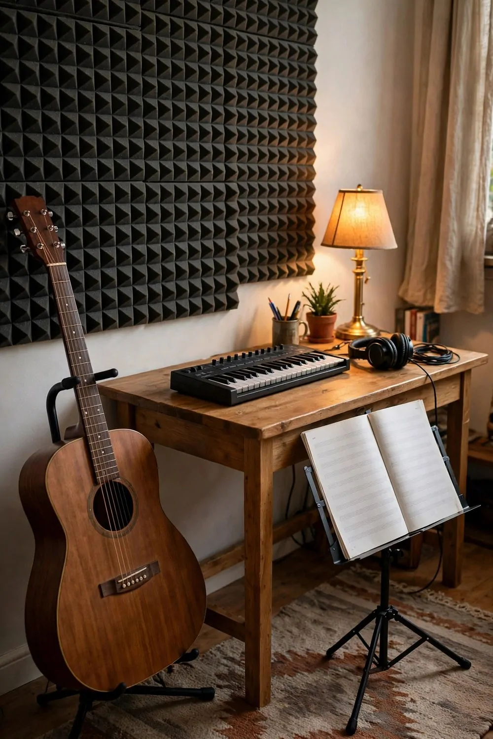 17 House Studio Conversions That Turn Spare Rooms Into Dream Spaces 2 A home music practice studio with a guitar on a stand, keyboard and acoustic foam panels