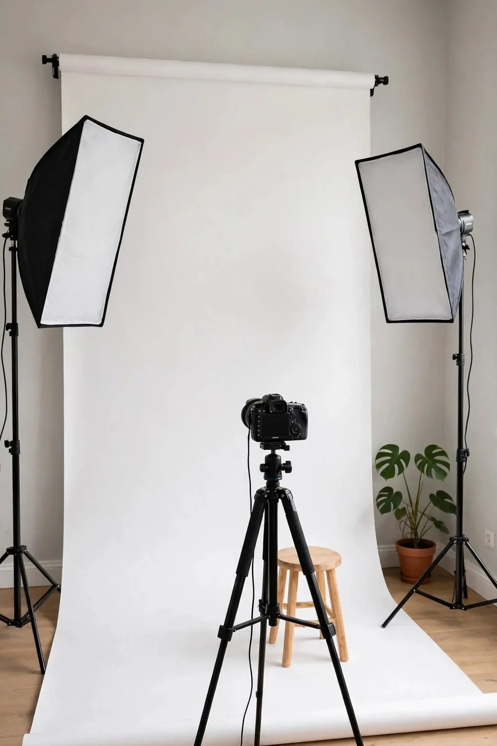 17 House Studio Conversions That Turn Spare Rooms Into Dream Spaces 3 A home photography studio with a white paper backdrop, softbox lights and a camera on a tripod