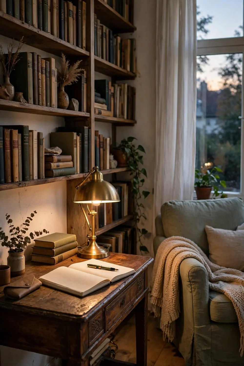 17 House Studio Conversions That Turn Spare Rooms Into Dream Spaces 4 A cozy writing studio with an antique desk, open notebook, brass lamp and bookshelves