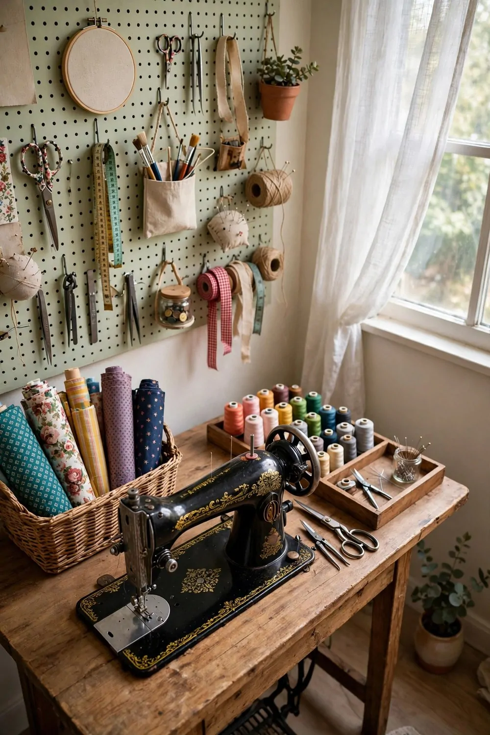 17 House Studio Conversions That Turn Spare Rooms Into Dream Spaces 5 A sewing and craft studio with a vintage sewing machine, fabric rolls and thread spools