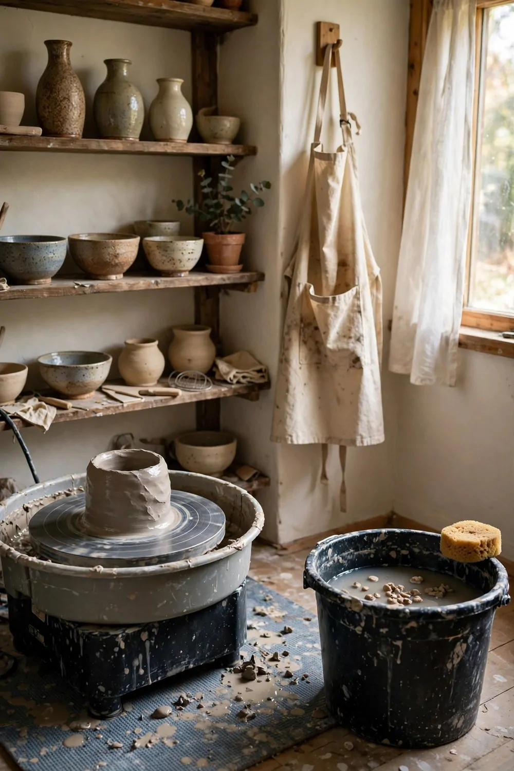 17 House Studio Conversions That Turn Spare Rooms Into Dream Spaces 6 A home pottery studio with a pottery wheel, clay and shelves of handmade bowls