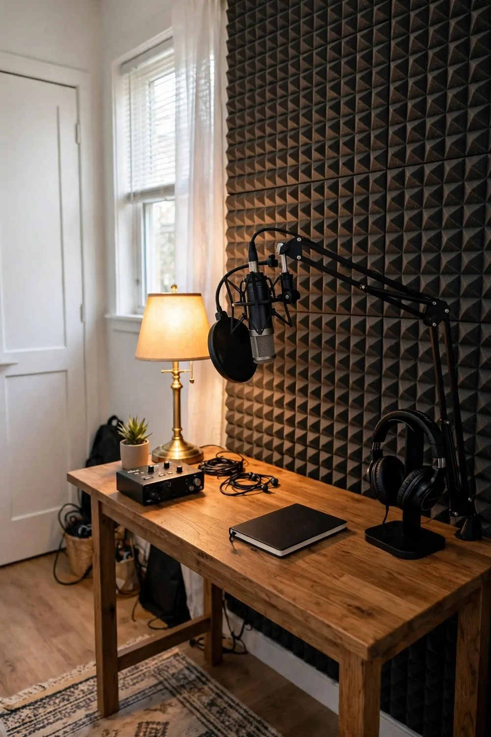 17 House Studio Conversions That Turn Spare Rooms Into Dream Spaces 7 A home podcast studio with a microphone on a boom arm and acoustic foam panels