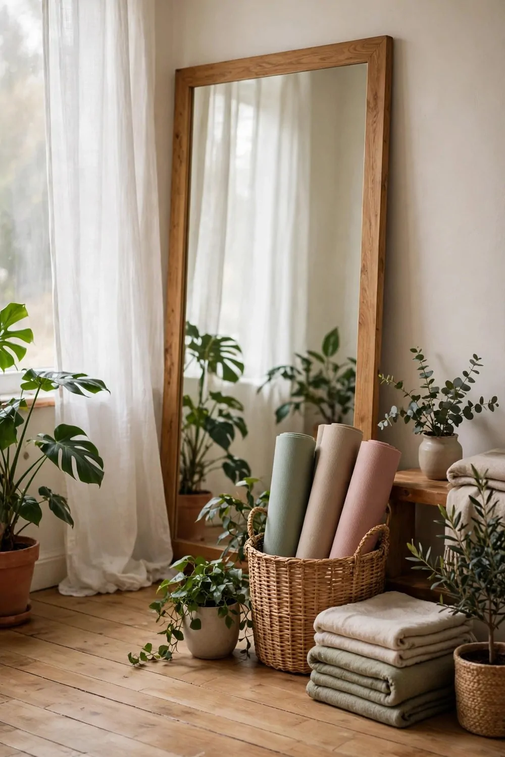17 House Studio Conversions That Turn Spare Rooms Into Dream Spaces 8 A calm yoga studio with rolled mats, a mirror wall and leafy plants