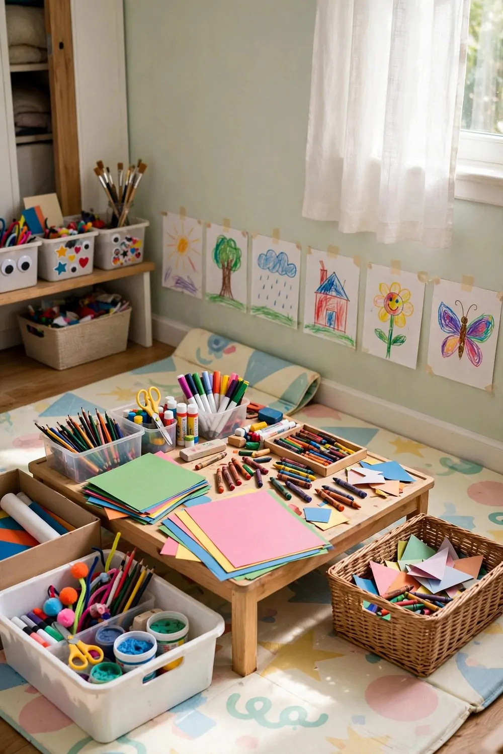 17 House Studio Conversions That Turn Spare Rooms Into Dream Spaces 9 A kids' art studio with a low table, crayons and drawings taped to the wall