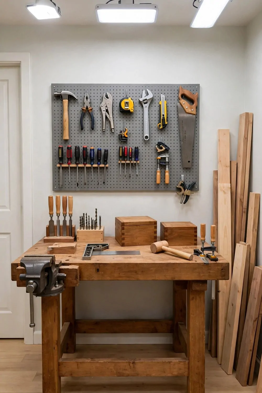 17 House Studio Conversions That Turn Spare Rooms Into Dream Spaces 10 A tidy woodworking workshop with a workbench and hand tools on a pegboard wall