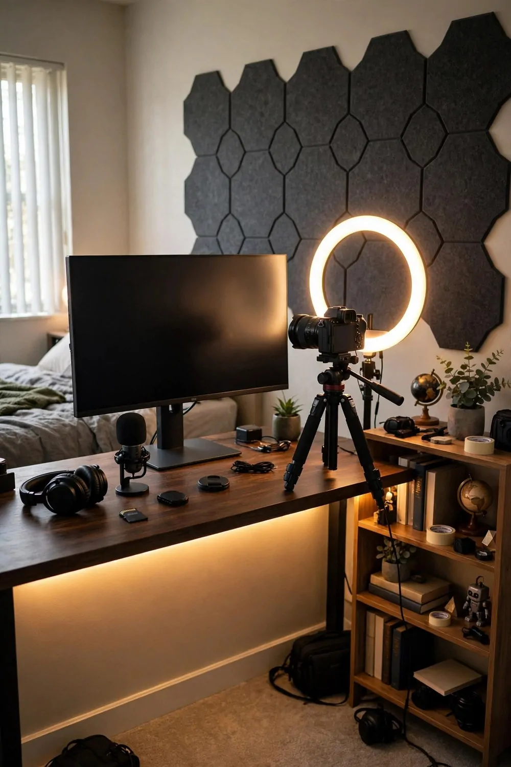 17 House Studio Conversions That Turn Spare Rooms Into Dream Spaces 11 A video creator studio with a monitor, camera, ring light and acoustic panels