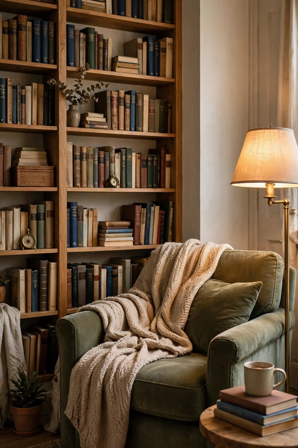 17 House Studio Conversions That Turn Spare Rooms Into Dream Spaces 12 A reading and study studio with tall bookshelves, an armchair and a warm floor lamp