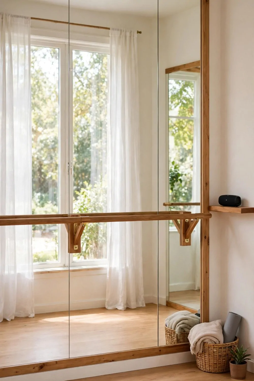 17 House Studio Conversions That Turn Spare Rooms Into Dream Spaces 13 A home dance studio with a mirror wall, ballet barre and wooden floor