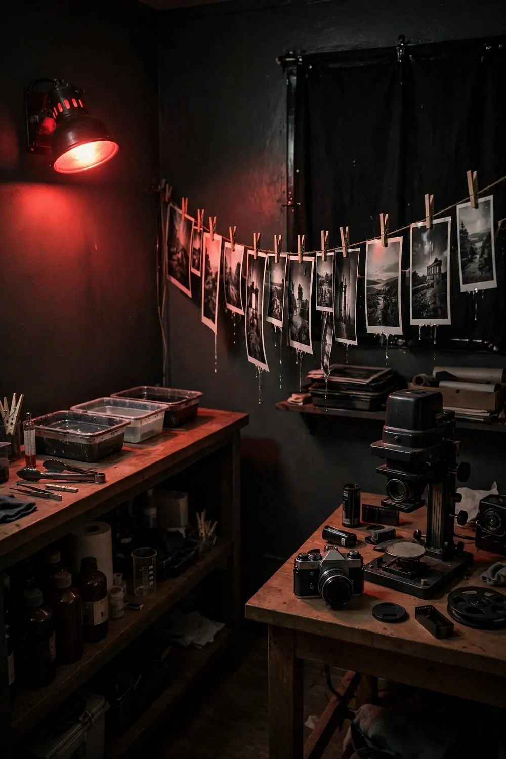 17 House Studio Conversions That Turn Spare Rooms Into Dream Spaces 14 A home photography darkroom with a red safelight glow and prints hanging to dry