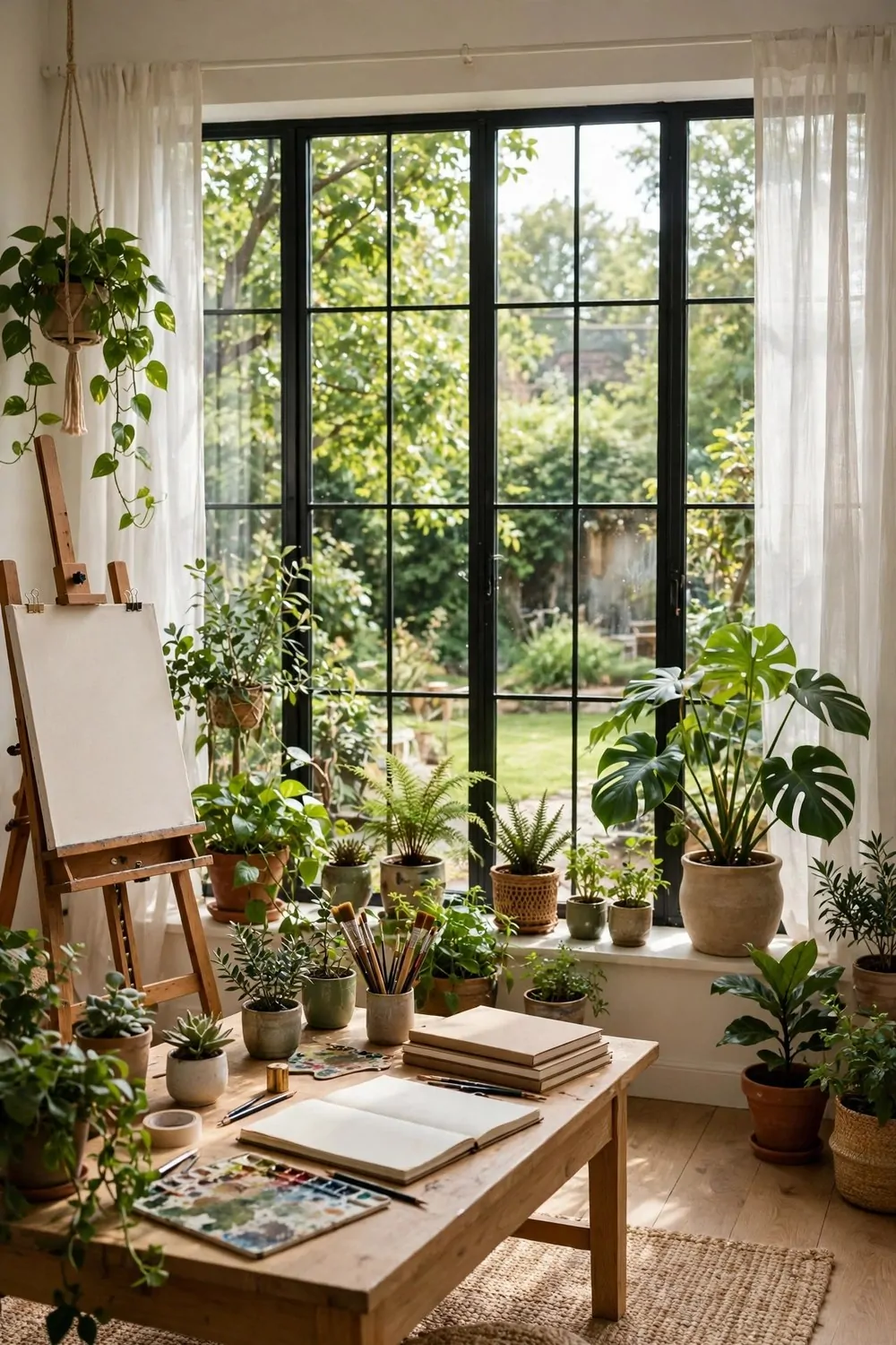 17 House Studio Conversions That Turn Spare Rooms Into Dream Spaces 15 A garden-facing studio with big windows, plants and an easel