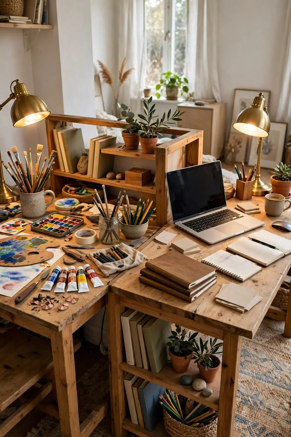 17 House Studio Conversions That Turn Spare Rooms Into Dream Spaces 16 A shared two-person studio with two desks divided by a low bookshelf