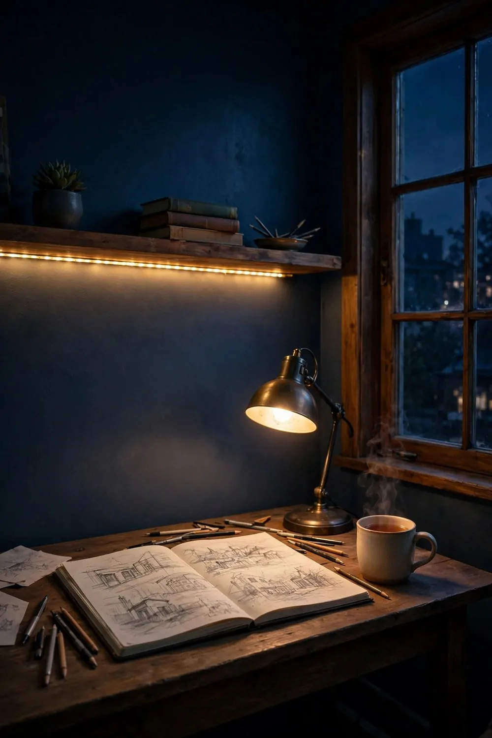 17 House Studio Conversions That Turn Spare Rooms Into Dream Spaces 17 A moody night studio with dark walls, LED strip lights and a glowing desk lamp