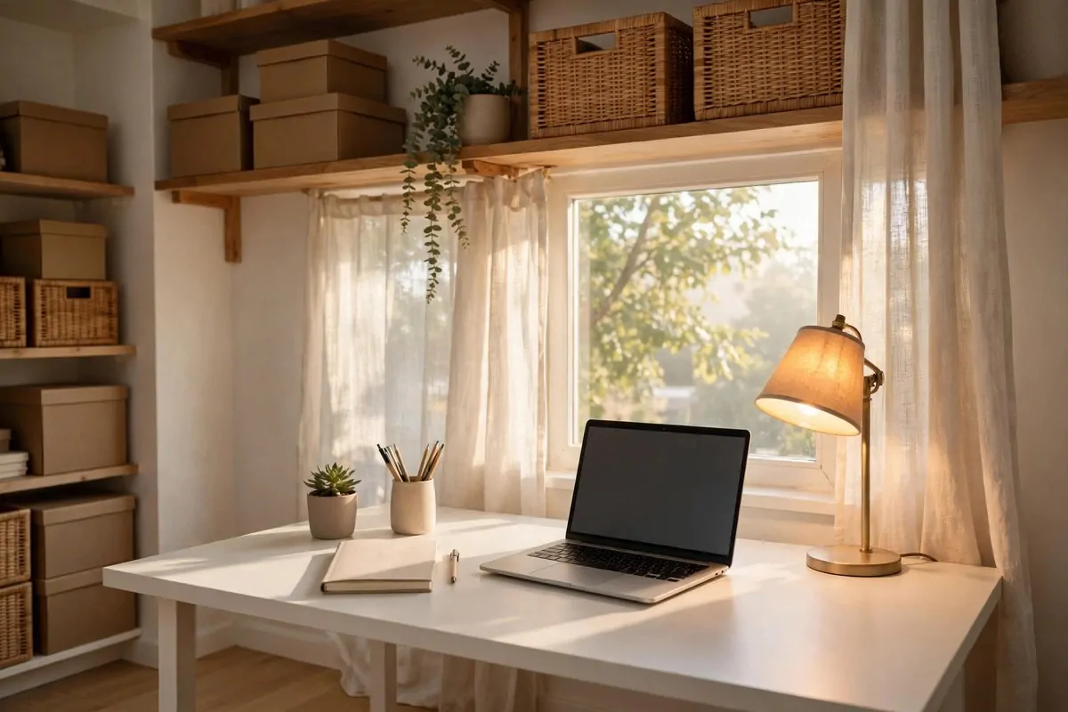 A bright small home office with a plain white desk, open laptop, notebook, warm lamp and shelves with boxes, morning light through the window