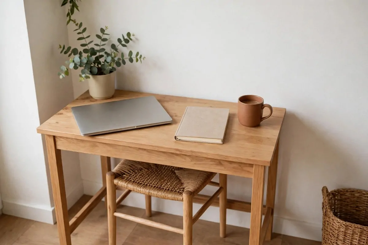17 Ikea Office Ideas Business Owners Can Set Up Fast 1 A small desk with a laptop, notebook and mug set up against a plain white wall, a chair tucked underneath