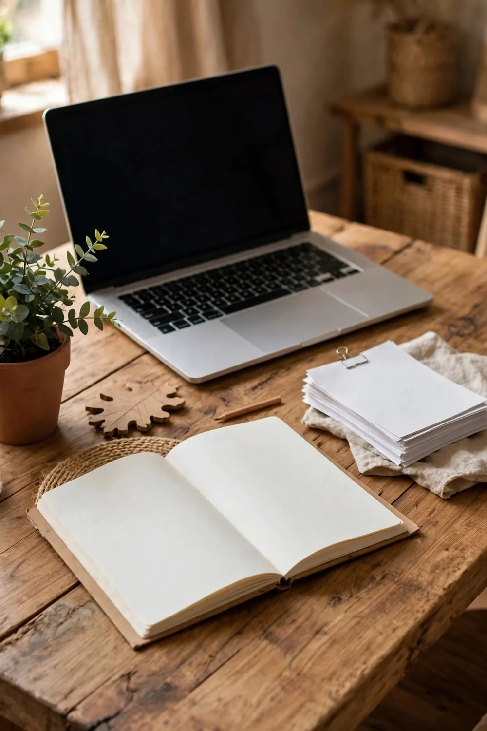 17 Ikea Office Ideas Business Owners Can Set Up Fast 2 A wooden desk with a laptop, an open notebook and a small stack of paper orders, a plant beside it