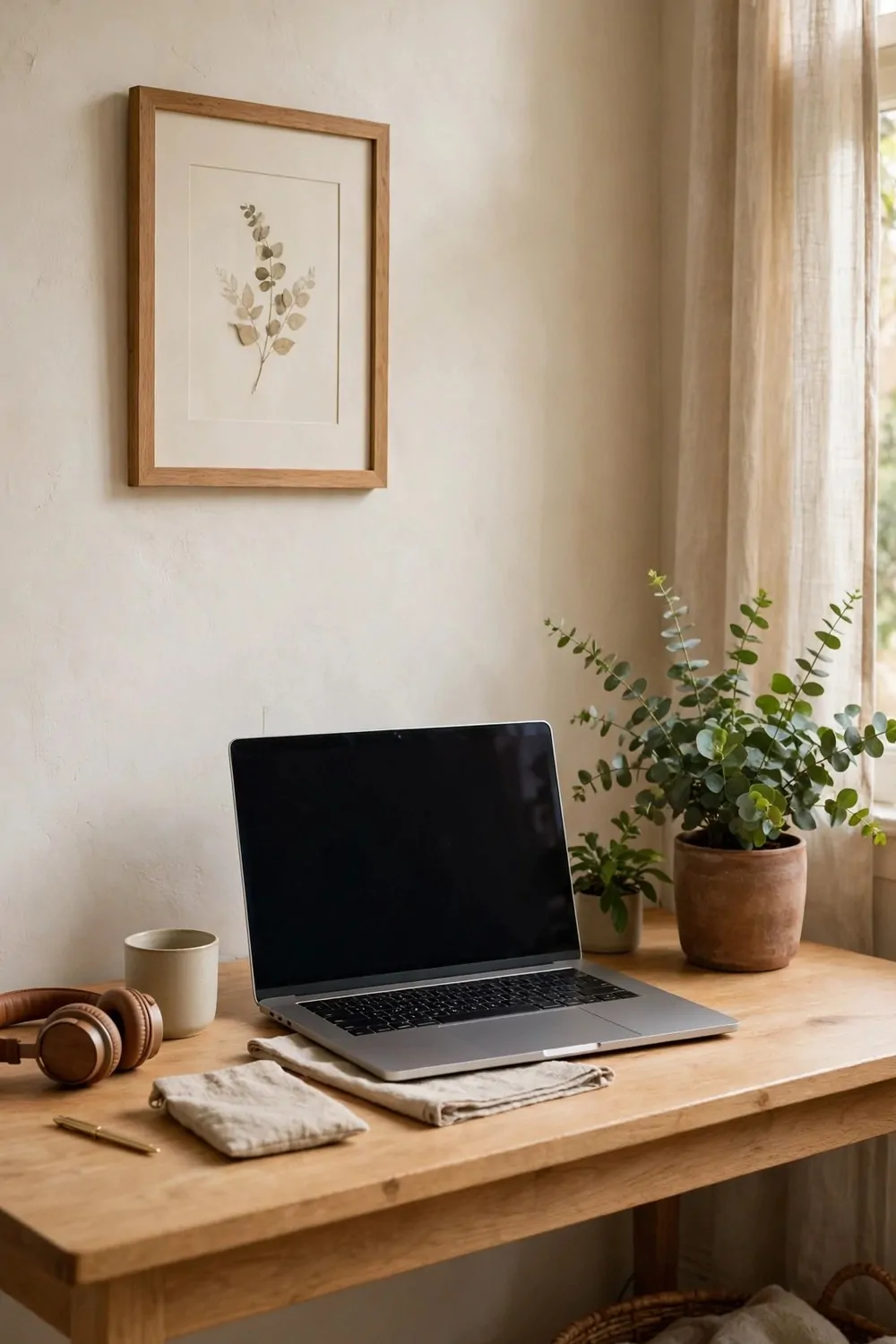 17 Ikea Office Ideas Business Owners Can Set Up Fast 3 A tidy desk corner with a laptop, a framed picture on the wall and a green plant, ready for a video call