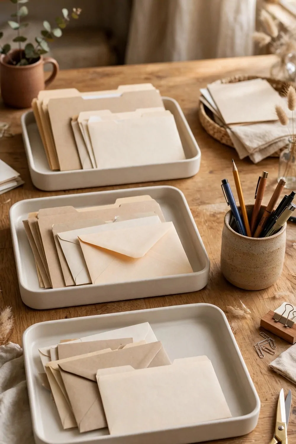 17 Ikea Office Ideas Business Owners Can Set Up Fast 4 A desk with three labelled trays holding paper folders and envelopes, a pen pot beside them