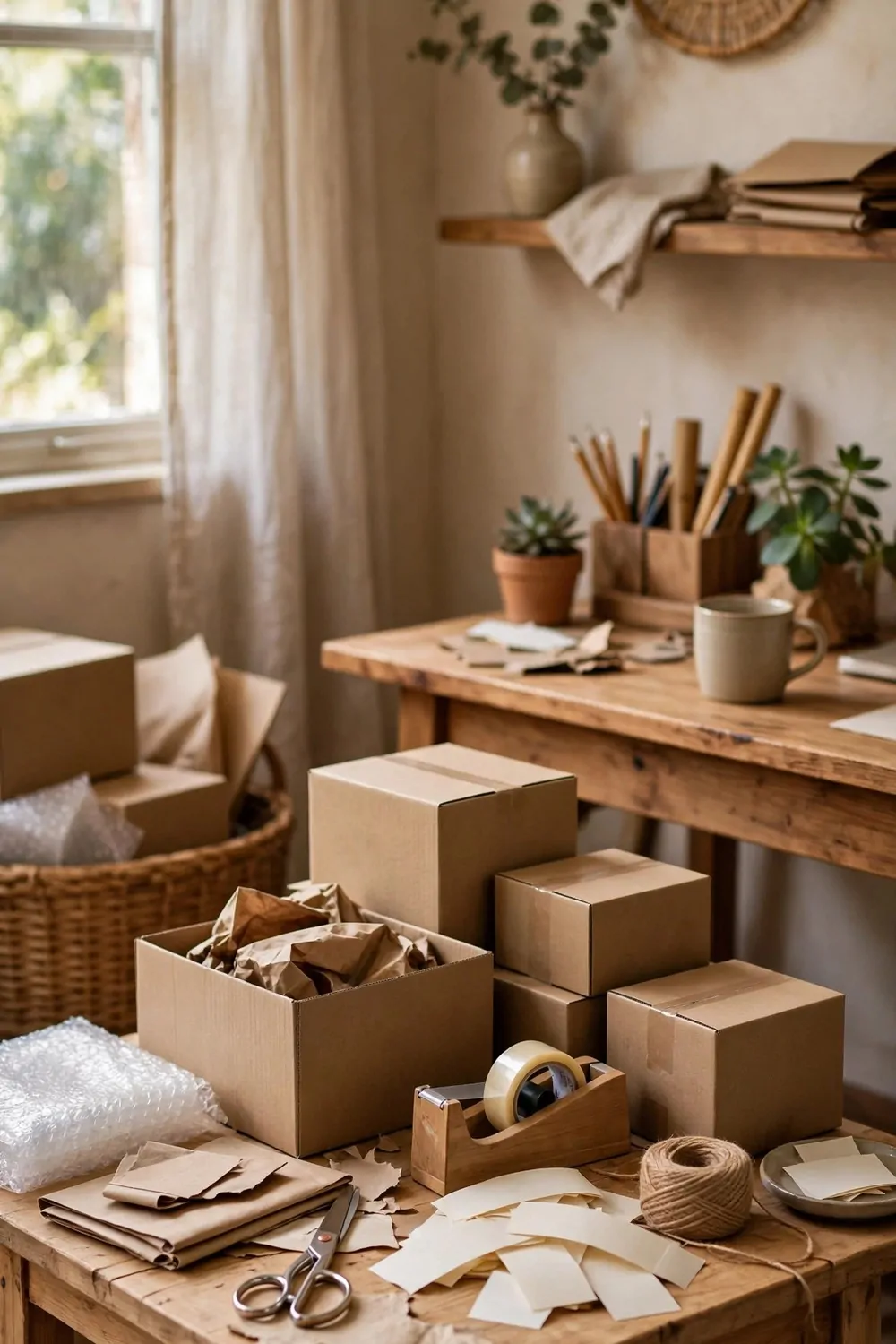17 Ikea Office Ideas Business Owners Can Set Up Fast 5 A small packing table with plain cardboard boxes, tape and paper labels, a desk nearby