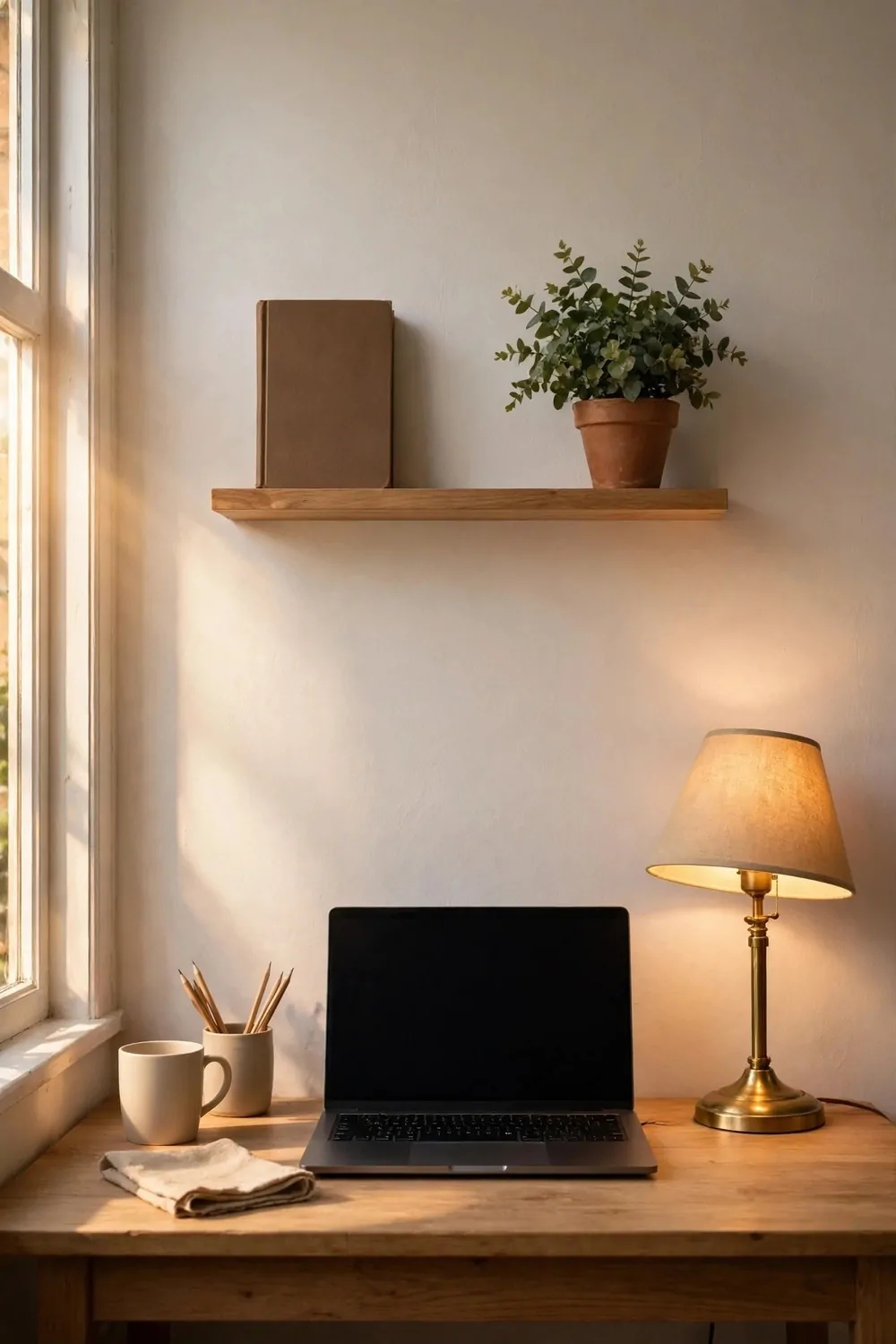 17 Ikea Office Ideas Business Owners Can Set Up Fast 6 A desk with a laptop facing a plain wall with one shelf holding a book and a plant, warm lamp light