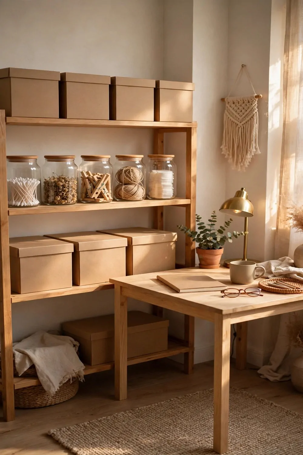 17 Ikea Office Ideas Business Owners Can Set Up Fast 7 A shelf with plain storage boxes and jars, sorted in neat rows, a small desk beside it