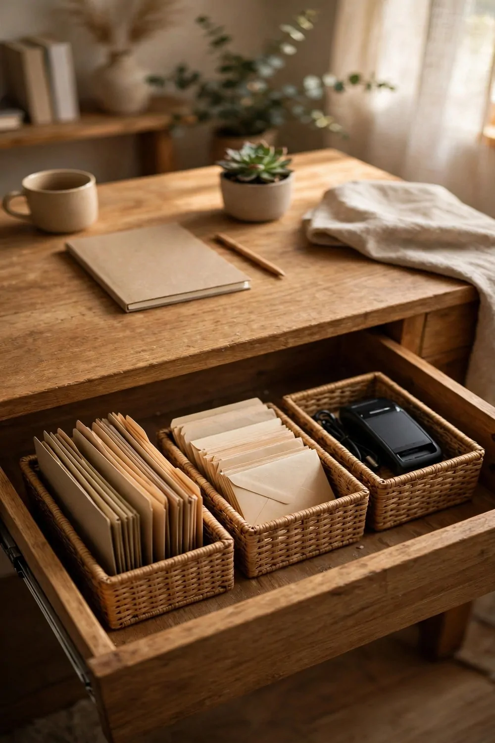 17 Ikea Office Ideas Business Owners Can Set Up Fast 9 An open desk drawer with three small boxes holding folders, envelopes and a card reader