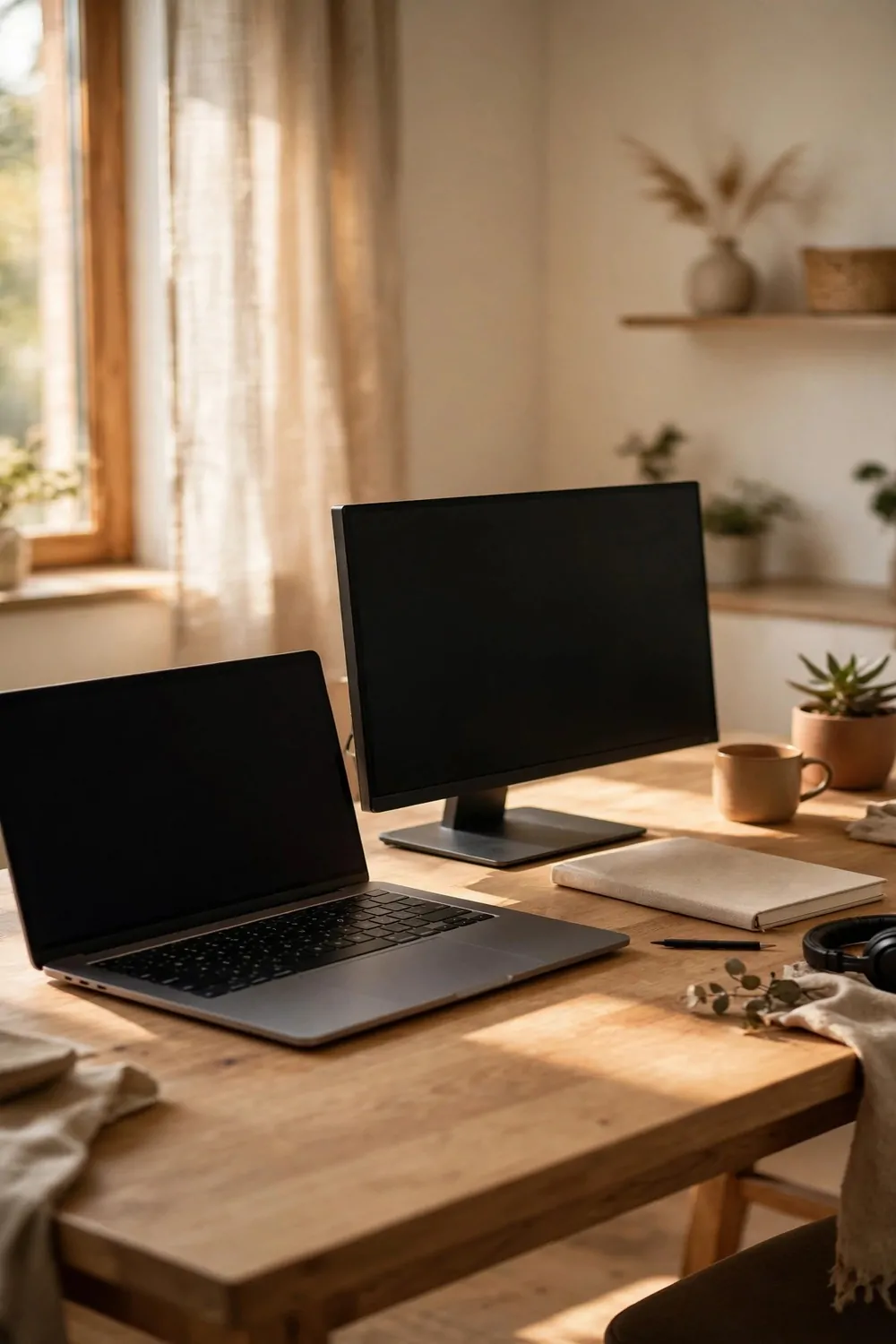 17 Ikea Office Ideas Business Owners Can Set Up Fast 11 A desk with a laptop and a second screen side by side at the same height, a notebook beside them