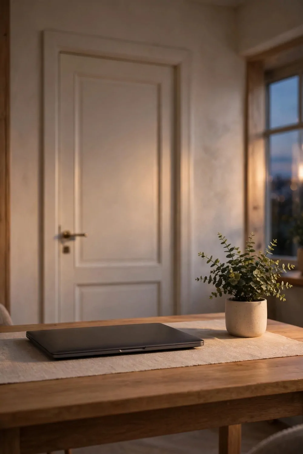 17 Ikea Office Ideas Business Owners Can Set Up Fast 13 A tidy cleared desk at dusk with a closed laptop and a small plant, a shut door behind it