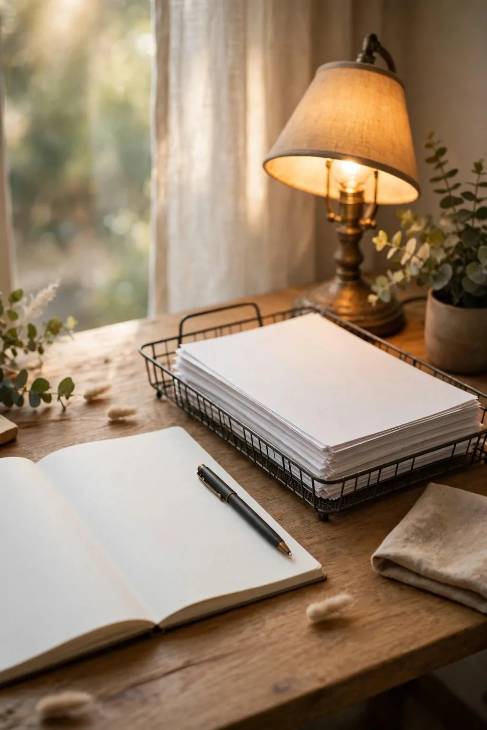 17 Ikea Office Ideas Business Owners Can Set Up Fast 14 A desk with a checklist notebook and a pen, a lamp glowing, papers in a tray