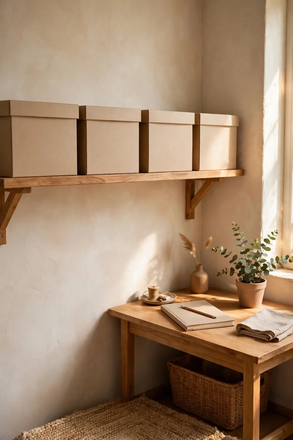 17 Ikea Office Ideas Business Owners Can Set Up Fast 16 A shelf with plain storage boxes and a notebook with a pen on a small desk beside it