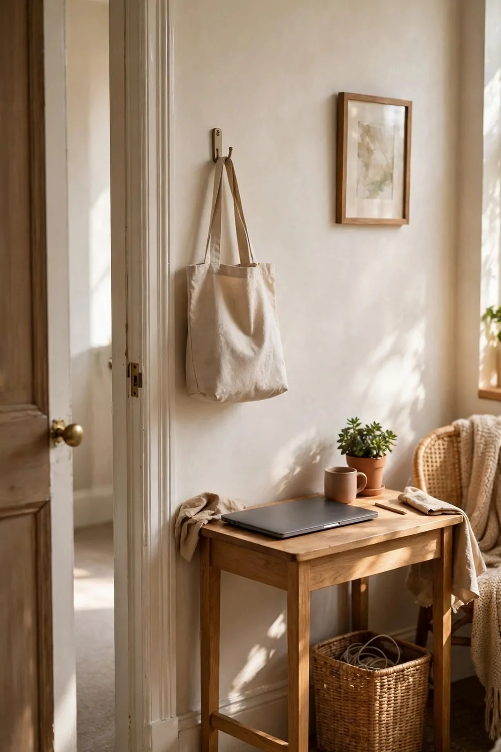 17 Ikea Office Ideas Business Owners Can Set Up Fast 17 A small desk just inside a room door, a bag hanging on a hook beside it, a laptop on the desk