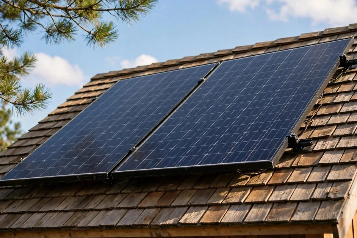 17 Off-Grid Tiny Home Ideas That Run Without the Bills 1 Solar panels mounted on a tiny house roof under a blue sky