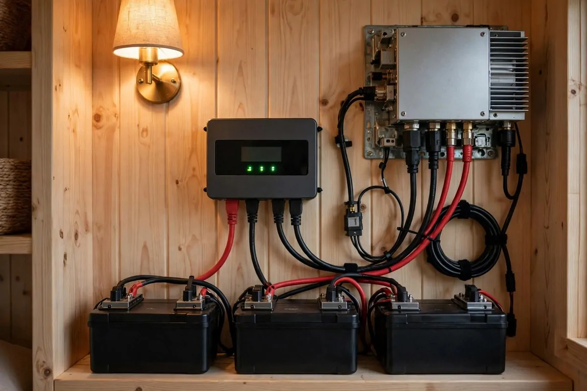 17 Off-Grid Tiny Home Ideas That Run Without the Bills 2 Battery bank, charge controller and inverter mounted on a wooden wall inside a tiny home